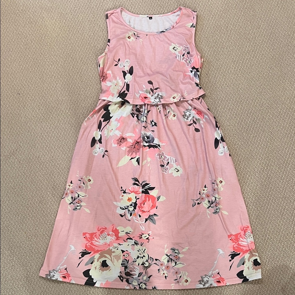 Pink Floral Nursing Dress Sleeveless Elastic Waist